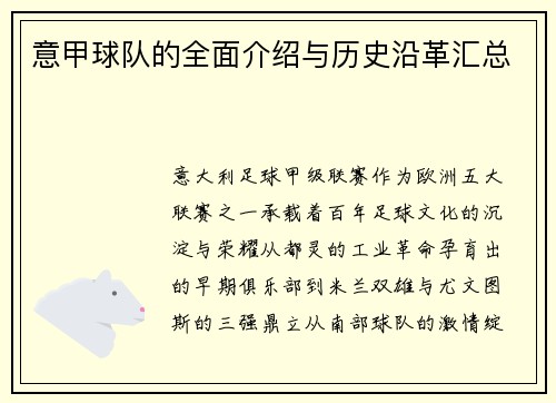 意甲球队的全面介绍与历史沿革汇总